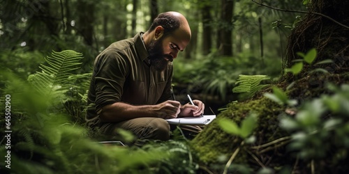 Scient Engaging in Scientific Notetaking Amidst a Lush Forest, Demonstrating a Rigorous Approach to Understanding Nature and Fostering Environmental Protection Through Research, Education