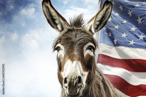 Donkey as a symbol of democrats with US flag in the background