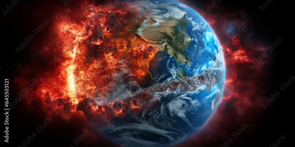 Earth in Fiery Red and Charred Blue, a Harrowing Depiction of Global Warming and the Ravages of Climate Change in the Style of an Apocalyptic Space Disaster Scene