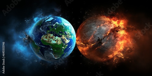 Earth in Fiery Red and Charred Blue, a Harrowing Depiction of Global Warming and the Ravages of Climate Change in the Style of an Apocalyptic Space Disaster Scene
