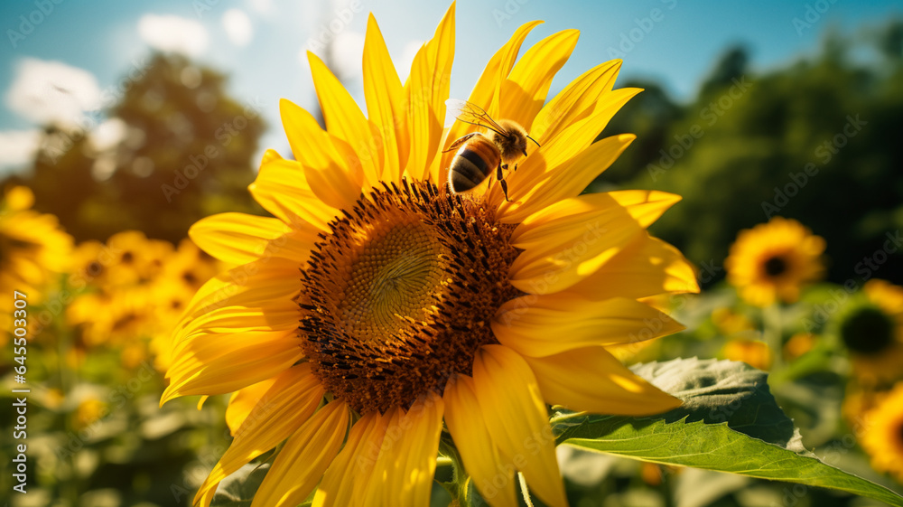 Fototapeta premium A close-up of a single sunflower with a bee collecting pollen. AI Generative.