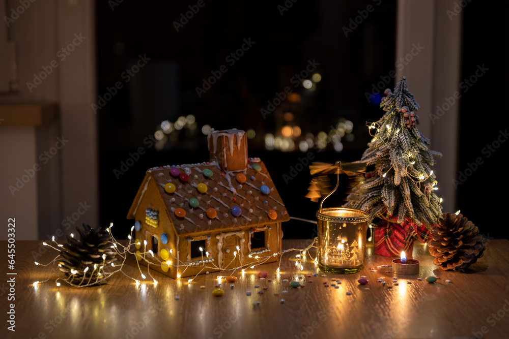 christmas decoration ginger bread house and fir tree