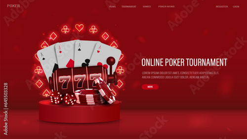 A web banner with poker cards, chips and dice on the podium with a bright neon frame of the suits of spades, hearts, diamonds and crosses on a red background with text. A concept for a casino.