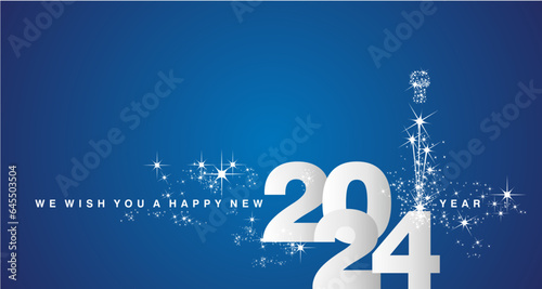 We wish you a Happy New Year 2024 event new elegant style calendar numbers shining silver white blue greeting card