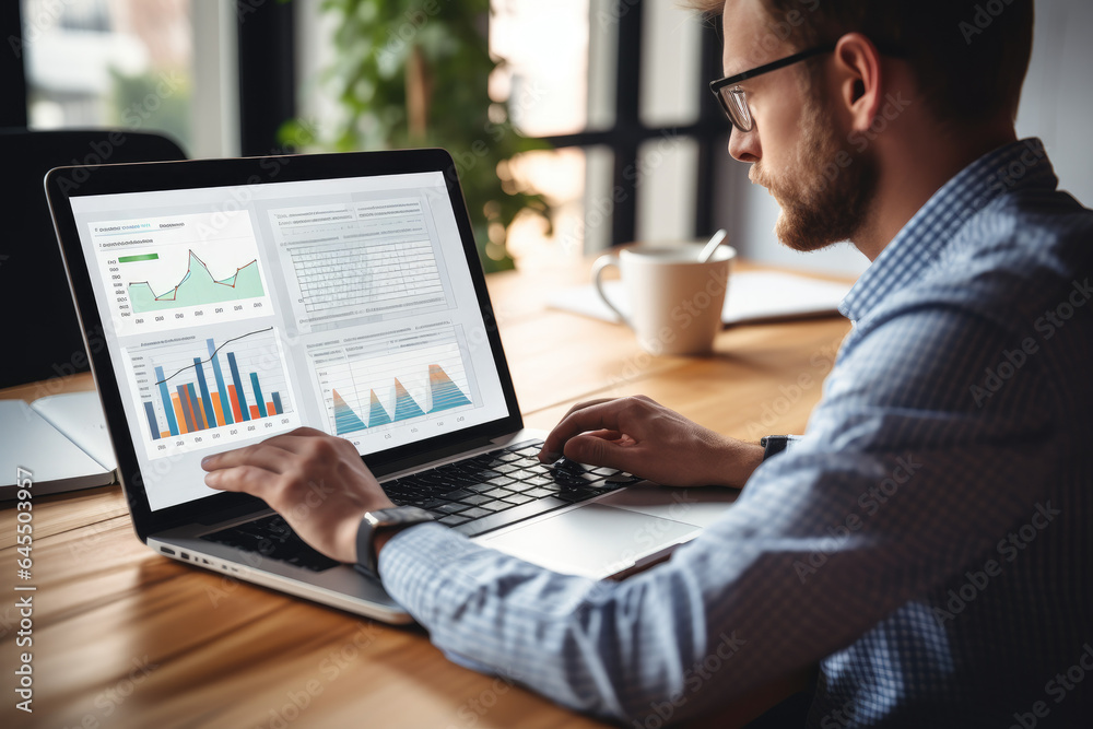 Employee works online with business electronic documents, analyzing financial charts and graphs Employee works online with business electronic documents, analyzing financial charts and graphs