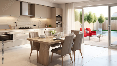 Stylish modern kitchen with table set for dinner within chic home, AI Generative. © Miry Haval