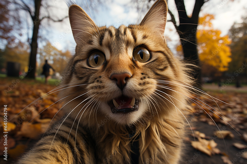 Fototapeta premium Portrait of funny cat which makes selfie photographs himself by paw, autumn park forest. Adorable pet posing like he takes photos with mobile smartphone makes video call. Cute domestic animal blogger