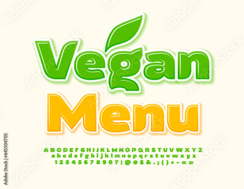 Vector stylish advertisement Vegan Menu. Creative Green Font. Trendy set of Alphabet Letters, Numbers and Symbols