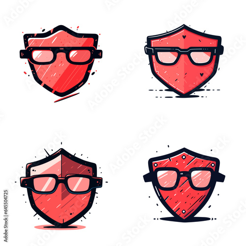 Shield sunglasses set of vector icons in minimalistic, black and red line work, japan web, icons pack