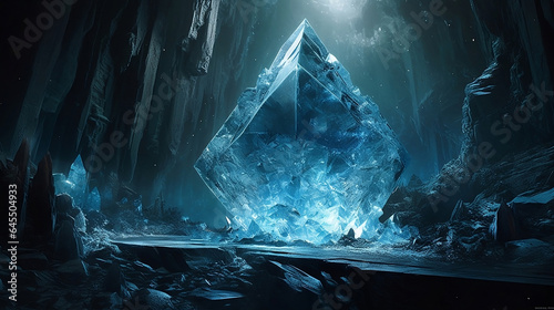 Giant blue crystal inside a cave