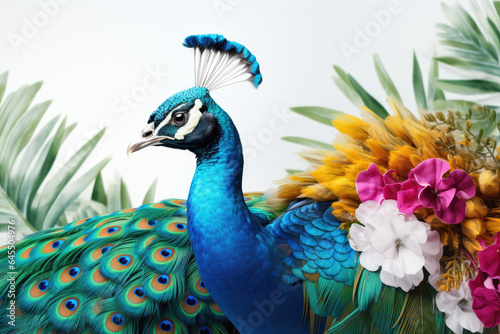 Peacock with feathers and flowers on white background