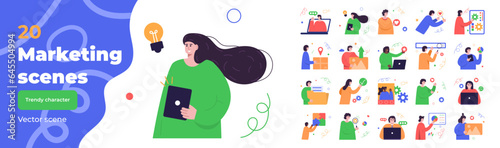Marketing scenes set. Business Marketing mega set with in difference scene. Trendy business character. Man and woman social media specialist. Trendy vector style