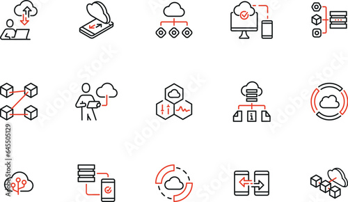 Vector set of linear icons related to network cloud service, cloud storage, data transfer and synchronization. Mono line pictograms and infographics design elements - part 4