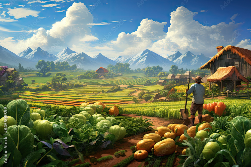 Farmer harvesting fresh vegetables on a farm - obrazy, fototapety, plakaty 