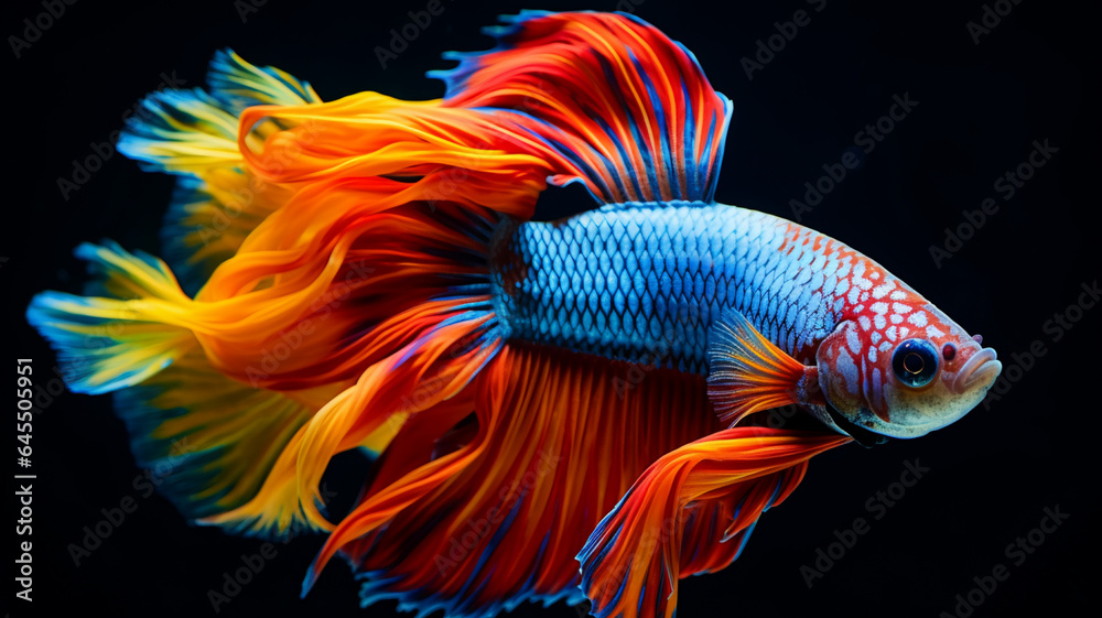 Close-up of a striking betta fish displaying vibrant colors and elaborate fin patterns, AI Generative.
