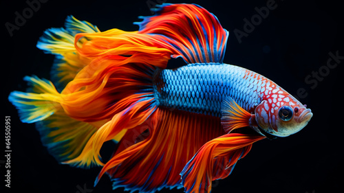 Close-up of a striking betta fish displaying vibrant colors and elaborate fin patterns, AI Generative.