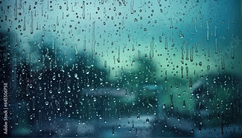 Close-up of raindrops on glass. Blurred background.