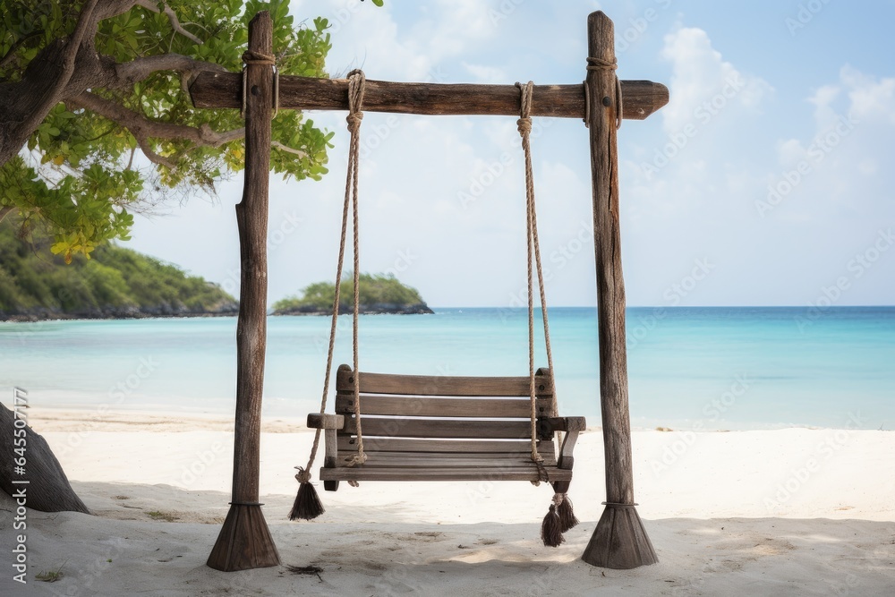 Landscape with wooden swing on the beach, sea and deep sky, place to relax. Generative AI Landscape with wooden swing on the beach, sea and deep sky, place to relax. Generative AI