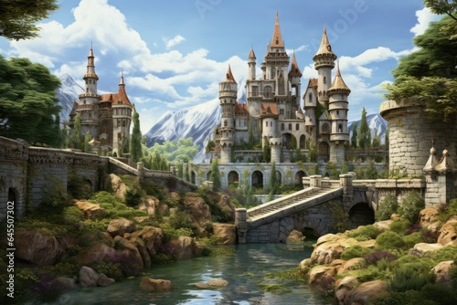Landscape with medieval castle, universe of the middle ages, fantasy and fairy tale. Generative AI