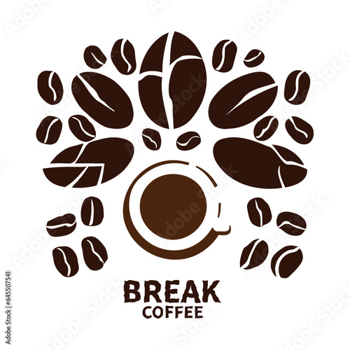 Coffee beans, cup with drink, coffee break text, silhouette on a transparent background, vector drawing

