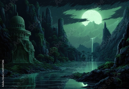 Landscape with ruins of a medieval castle, anime style, greenish tones. Generative AI © Deivison