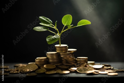 Little plant growing on piles of coins, concept of wealth and investment. Generative AI