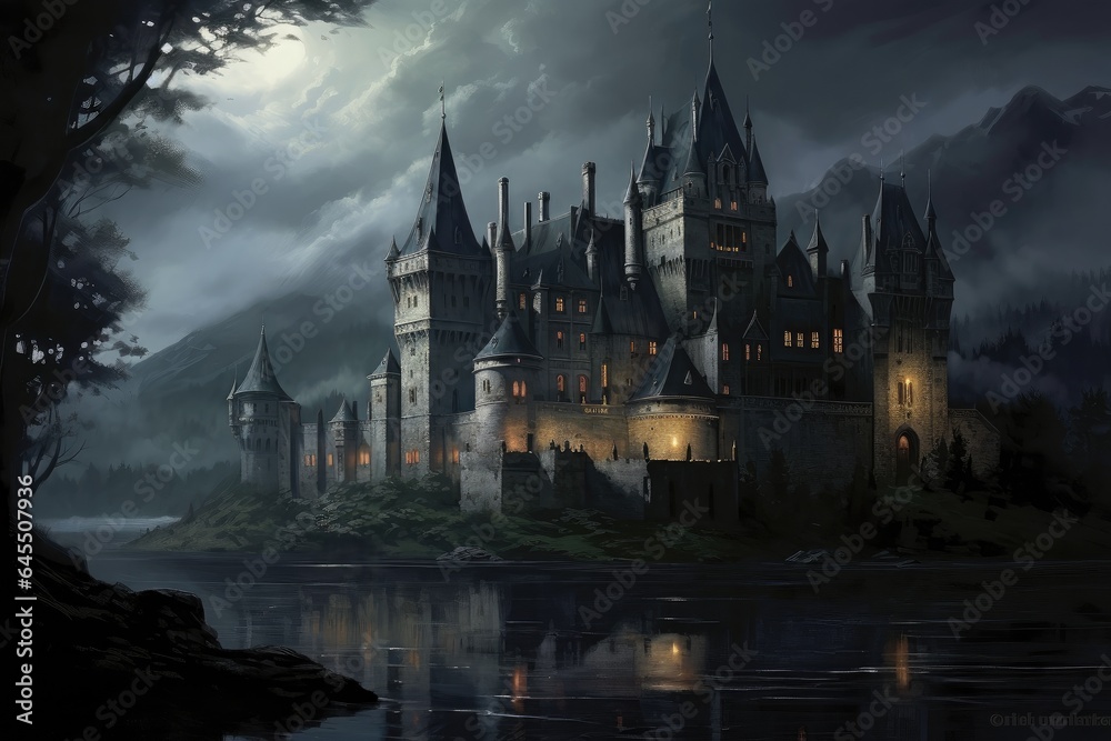 Landscape with medieval castle, universe of the middle ages, fantasy and fairy tale. Generative AI Landscape with medieval castle, universe of the middle ages, fantasy and fairy tale. Generative AI
