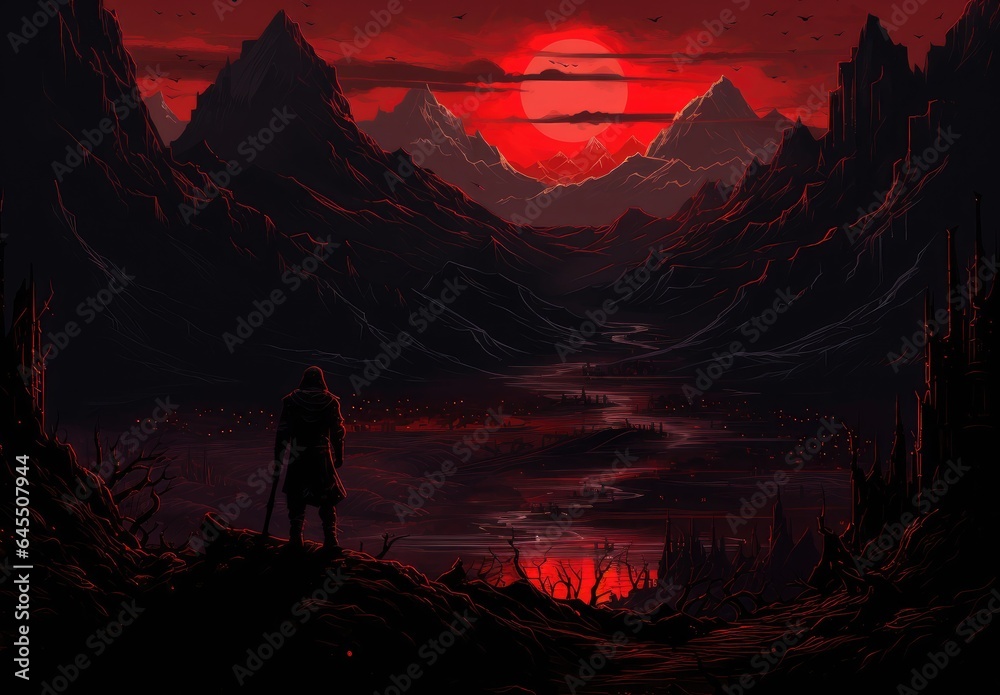 Landscape with man, mountains and red sunset, fantasy concept. Generative AI