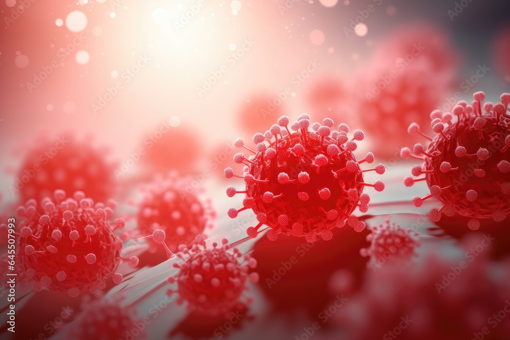 Digital illustration of virus, microscopic view, red tones, pandemic concept. Generative AI Digital illustration of virus, microscopic view, red tones, pandemic concept. Generative AI