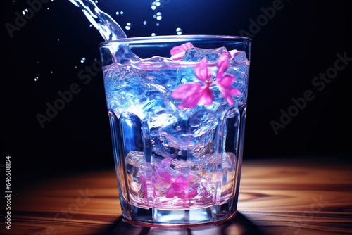 Glass of water conveying a feeling of refreshment, shades of blue and pink. Generative AI