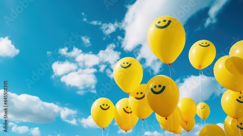 Landscape with yellow balloons with happy faces, beautiful sky with clouds. Generative AI photo