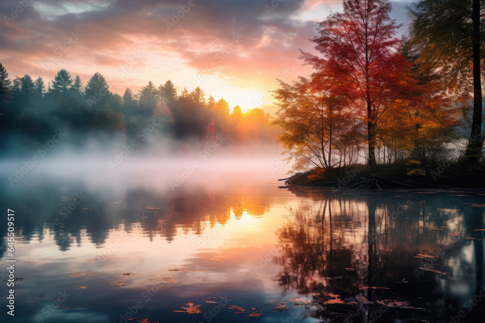 Mist over a serene lake surrounded by colorful autumn trees