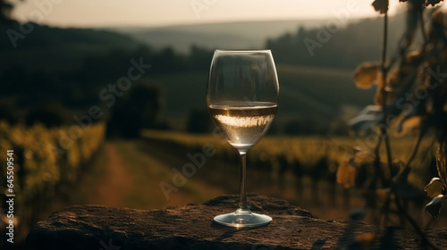  Glass of wine on the grape field. Created with Generative AI technology.