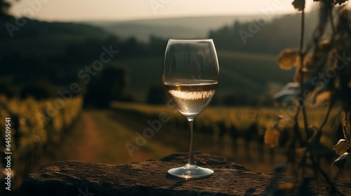  Glass of wine on the grape field. Created with Generative AI technology. photo