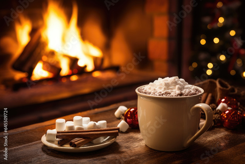 Canvas Print Mug of hot cocoa near a fireplace