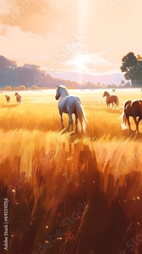 Horses in farm field oil paint, Generative AI illustrations