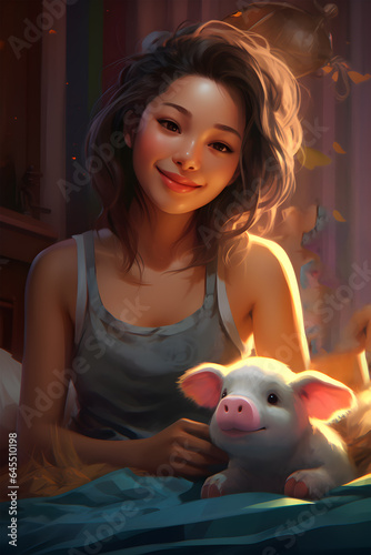 Beautiful Korean girl with a cute hog, Generative AI illustrations
