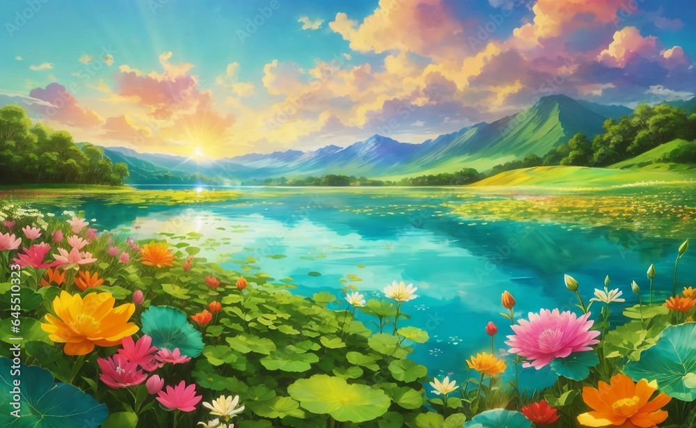Naklejka premium A beautiful lake with blooming flowers and mountain background.