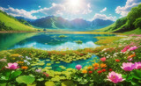 A beautiful lake with blooming flowers and mountain background.