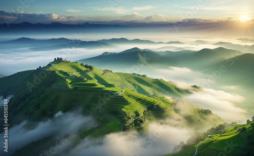 A beautiful green moutain with terraces rice fields. photo