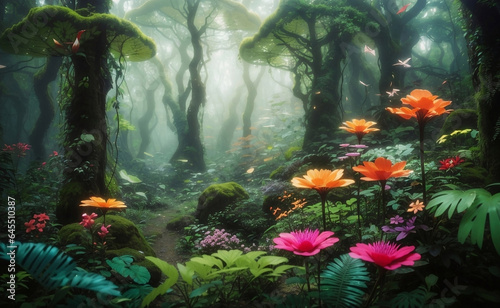 A mysterious forest with blooming outer space flowers.