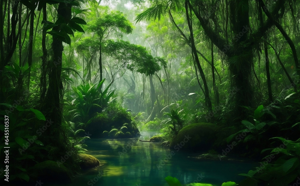 A dark beautiful rain forest green nature background.