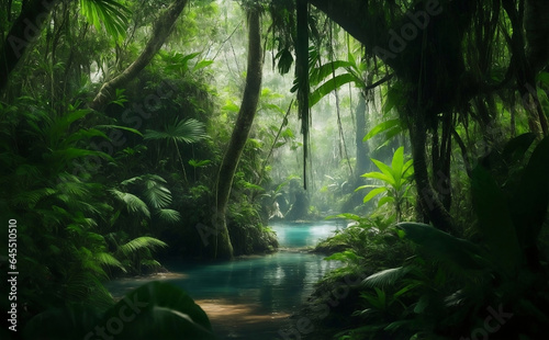 A dark beautiful rain forest green nature background. © Creative_Bringer