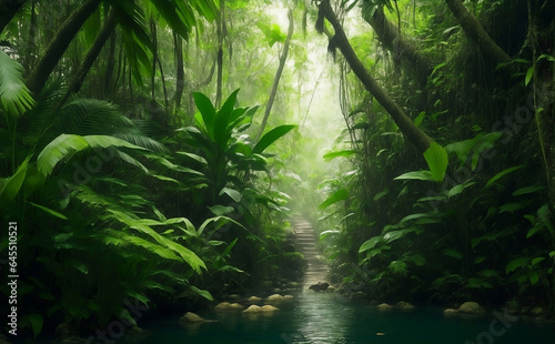 A dark beautiful rain forest green nature background.