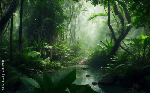 A dark beautiful rain forest green nature background.