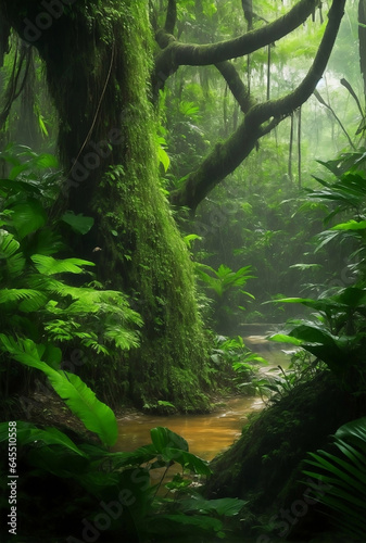 A dark beautiful rain forest green nature background. © Creative_Bringer