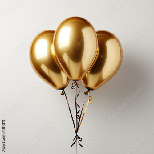 Bunch of three gold balloons for birthday party on white background