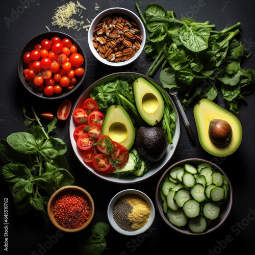 Vegan meal, dinner with salad, avocado, cucumbers, spinach. Vegetables food concept top view on rustic stone background. Healthy eating concept