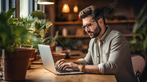 Young businessman typing on laptop in home office. Generative AI photo