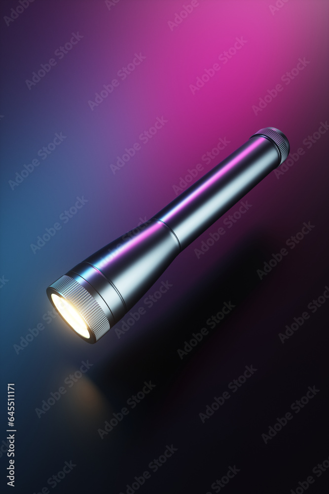 Abstract flashlight shines on a pink and blue neon background. 3d rendering illustration. Abstract flashlight shines on a pink and blue neon background. 3d rendering illustration.